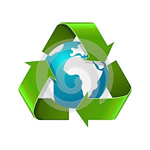 Environment day concept. Realistic vector illustration of Eath globe with recycle arrows. Eco symbol