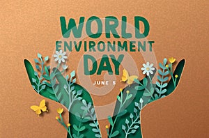 Environment Day green paper cut people hand card