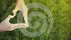 Environment Day. Woman hand in shape of heart on green grass background