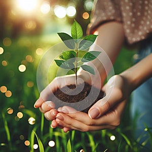 Environment Earth Day In the hands of trees growing seedlings. Bokeh green Background Female hand holding tree on nature field gra