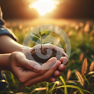 Environment Earth Day In the hands of trees growing seedlings. Bokeh green Background Female hand holding tree on nature field gra