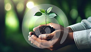 Environment Earth Day In the hands of trees growing seedlings. Bokeh green Background Female hand holding tree on nature field gra