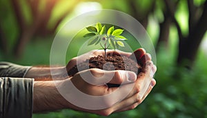 Environment Earth Day In the hands of trees growing seedlings. Bokeh green Background Female hand holding tree on nature field gra