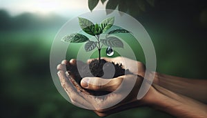 Environment Earth Day In the hands of trees growing seedlings. Bokeh green Background Female hand holding tree on nature field gra