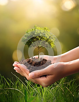 Environment Earth Day In the hands of trees growing seedlings. photo