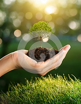 Environment Earth Day In the hands of trees growing seedlings. photo