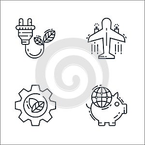 environment and eco line icons. linear set. quality vector line set such as piggy bank, sustainability, aeroplane