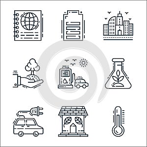 environment and eco line icons. linear set. quality vector line set such as thermometer, house, electric car, herbalism, fuel