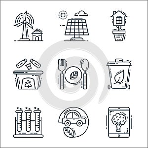 Environment and eco line icons. linear set. quality vector line set such as wallpaper, eco car, test tubes, recycle bin, eco food