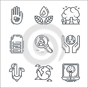 environment and eco line icons. linear set. quality vector line set such as wallpaper, world, ecology, ecology, research, battery