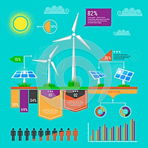 Environment, ecology infographic elements. Wind turbine and solar panels icons