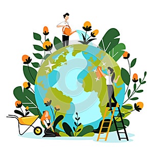 Environment, ecology, nature protection concept. People take care of Earth planet. Vector flat cartoon illustration