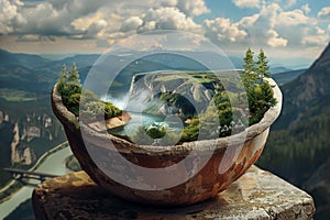 Environment, flowerpot, mountains, river and forest