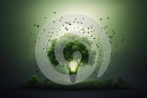 Environment friendly, Light bulb with green tree and birds fly of freedom, Sustainable development. Generative AI