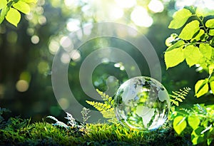 Environment. Glass Globe On Grass Moss In Forest