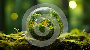 Environment. Glass Globe On Grass Moss In Forest - Green Planet With Abstract Defocused Bokeh Lights - Environmental