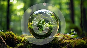 Environment. Glass Globe On Grass Moss In Forest - Green Planet With Abstract Defocused Bokeh Lights - Environmental Conservation