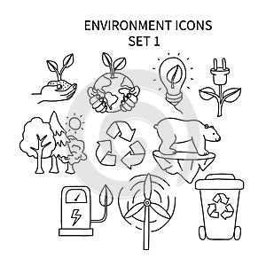 Environment icons set 1 cute cartoon doodle style illustration