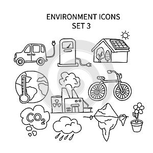 Environment icons set 3 cute cartoon doodle style illustration