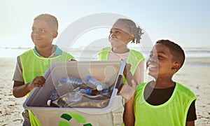 Environment, kids and cleaning beach, eco friendly and waste management for sustainability, awareness and recycle