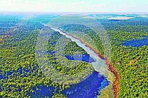 Iguacu river crossing the forest. Mata Atlantica preserved with an aerial view. Environmental protection, ecology, clean air. photo