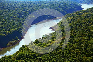 Iguacu river crossing the forest. Mata Atlantica preserved with an aerial view. Environmental protection, ecology, clean air. photo