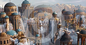 Environment Panoramic View of Sci-Fi Dome Castle, floating island and waterfall
