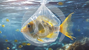 Environment plastic pollution concept with golden fish in plastic bag