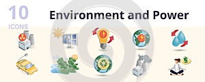 Environment and power set. Creative icons: nuclear energy, solar panel, electric energy, planet ecology, water resources