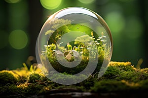 Environment Preservation. Earth Day Bliss - Green Globe Amidst Mossy Forest Bathed in Sunlight