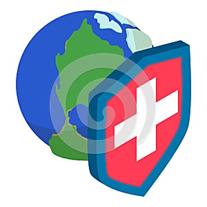 Environment protection icon isometric vector. Planet earth behind shield icon