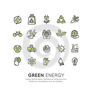 Environment, renewable energy, sustainable technology, recycling, ecology solutions. Icons for website, mobile app design, electri