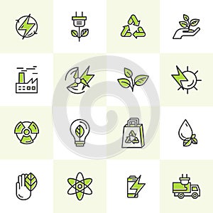 Environment, renewable energy, sustainable technology, recycling, ecology solutions. Icons for website, mobile app design, electri