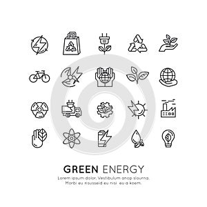 Environment, renewable energy, sustainable technology, recycling, ecology solutions. Icons for website, mobile app design, electri