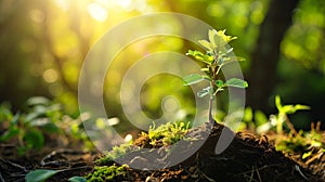 Environment, save clean planet, ecology concept.World Earth Day banner. Young green plant growing at sunlight