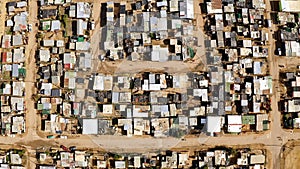 Environment, shacks and aerial view of a township in South africa with poverty in an outdoor rural area. Slum