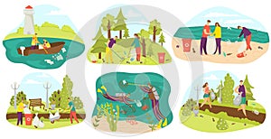 Environment and volunteers cleaning and gathering garbage in bags, in park, in sea set of flat vector illustrations