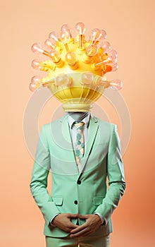 Environmental awareness background. Man with lightbulbs installation on his head.