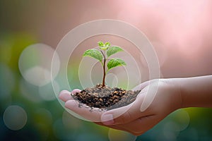 Environmental bond Hand and tree unite on a nature background