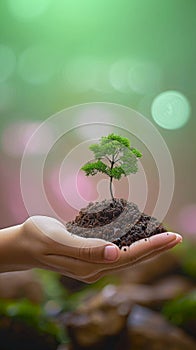 Environmental bond Hand and tree unite on a nature background