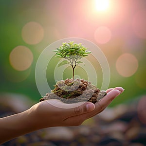 Environmental bond Hand and tree unite on a nature background