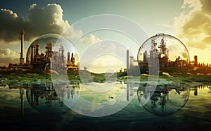 Environmental concept, factories  in glass spheres, clean air, no emissions.