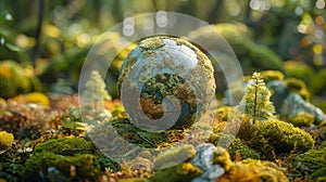 Environmental Concept - Globe On Moss In Forest