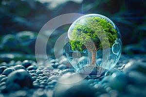 Environmental concept tree inside crystal ball, emphasizing ecology and energy