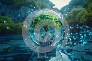 Environmental concept tree inside crystal ball, emphasizing ecology and energy