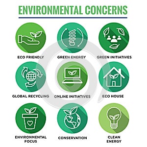 Environmental concerns icon set with lightbulb, hand holding lea photo