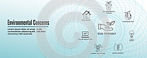 Environmental concerns icons web header banner with green energy, eco house, and earth initiatives