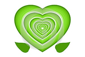 Environmental conservation concept. Green multi layered hearts and leaves, isolated on white transparent background.