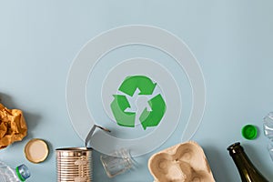 Environmental conservation concept - rubbish prepared for recycling, cardboard, plastic, metal, glass