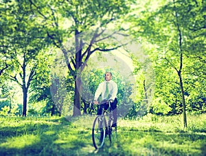 Environmental Conservative Businessman Bicycle Woods Concept